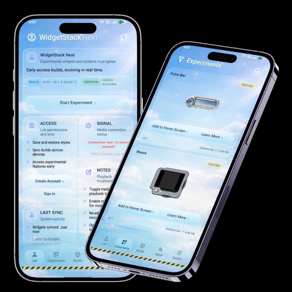 WidgetStack Next app screens showing experimental builds