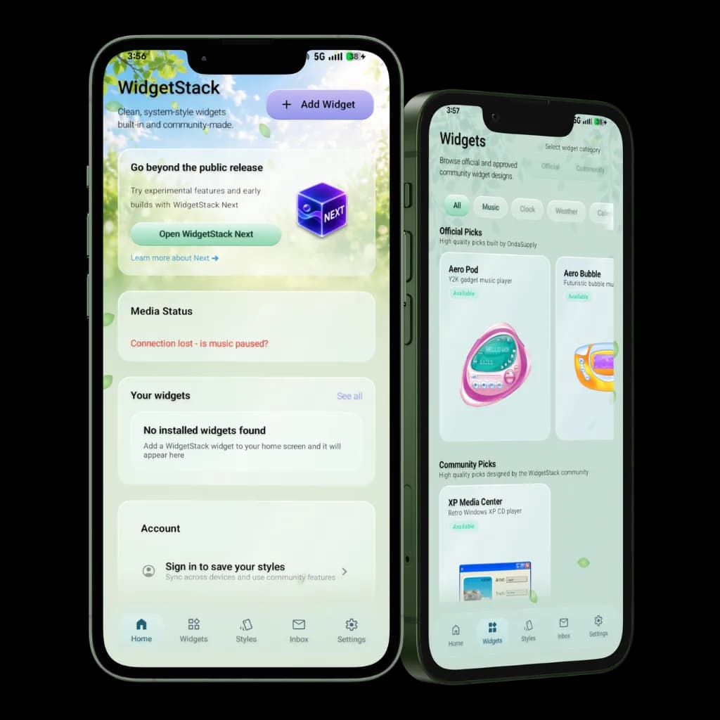 WidgetStack Android app screens shown on two phones